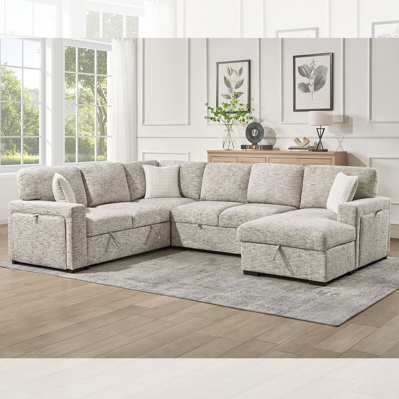U-förmiges Schlafsofa mit ausziehbarem Bett und Tisch und Lagertisch Stuhl Wohnzimmer und Lagertisch Liebessitz und Becherhalter, beige Stoff