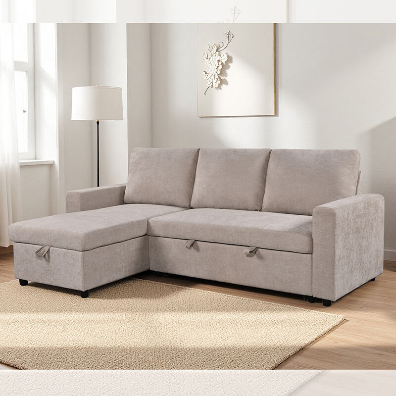 L-förmiges, umkehrbares Schlafsofa mit ausziehbarem Bett und Lagerraum, beige Stoff