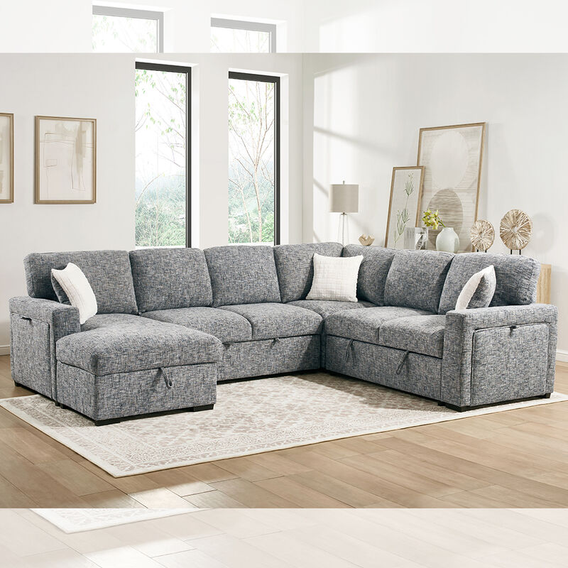 U-förmiges Schlafsofa mit ausziehbarem Bett und Tisch und Lagertisch Stuhl Wohnzimmer und Lagertisch Liebessitz und Becherhalter, Navy Stoff