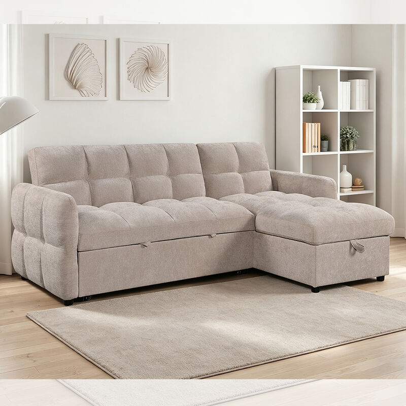 L-förmige Schlafsofa mit ausziehbarem Bett und verstellbarer Rückenlehne und Lagersessel, beige Stoff