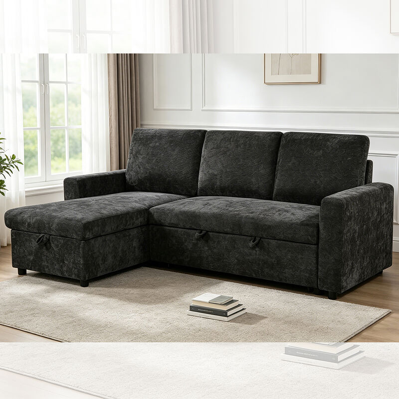 L-förmiges, umkehrbares Schlafsofa mit ausziehbarem Bett und Lagerraum, aus Holzkohle