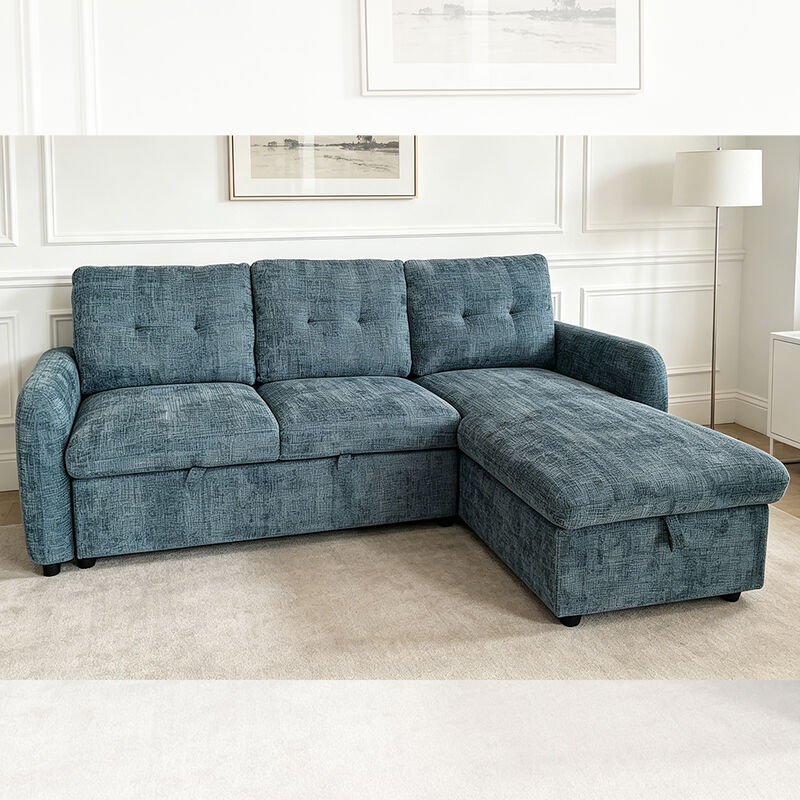 L-förmiges, umkehrbares Schlafsofa mit ausziehbarem Bett und Tisch und Lagerung, Nebelblau