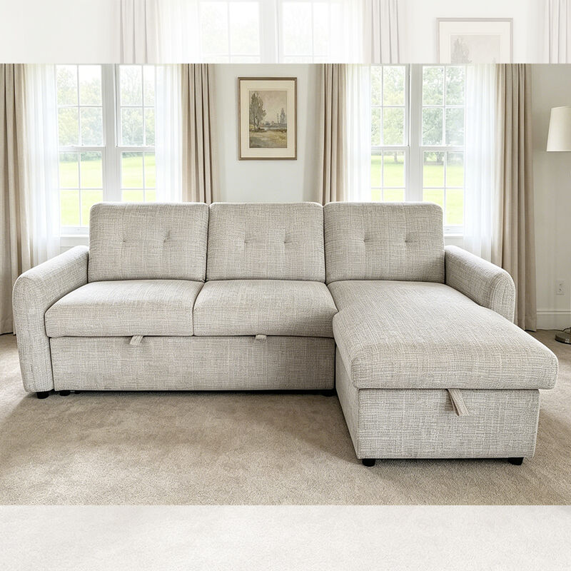 L-förmiges Schlafsofa mit ausziehbarem Bett und verstellbarer Rückenlehne und Lagersessel, hellgrau