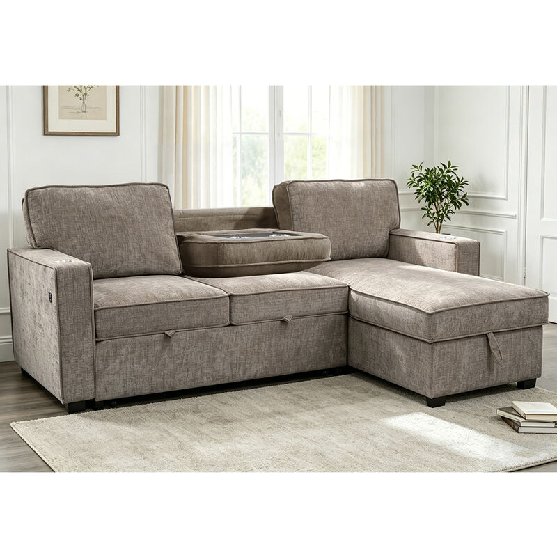 L-förmiges, umkehrbares Schlafsofa mit ausziehbarem Bett und Tisch und Lagerraum, hellbraun-grau Chenille