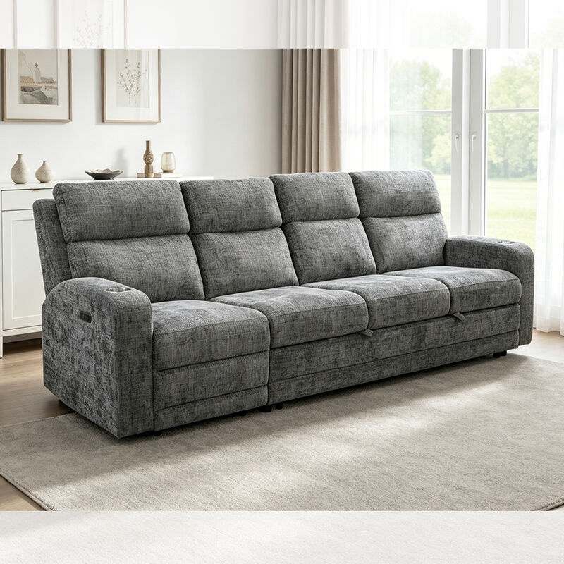 Großes Schlafsofa mit ausziehbarem Bett und elektrisch verstellbarem Sessel, metallgrauer Stoff