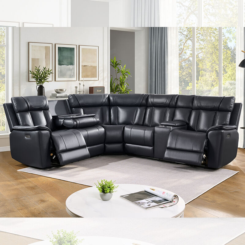 Elektrisch verstellbares Ecksofa mit 2 elektrisch verstellbaren Sitzen, Aufbewahrungsbox und ausklappbarem Tisch, schwarzes Kunstleder