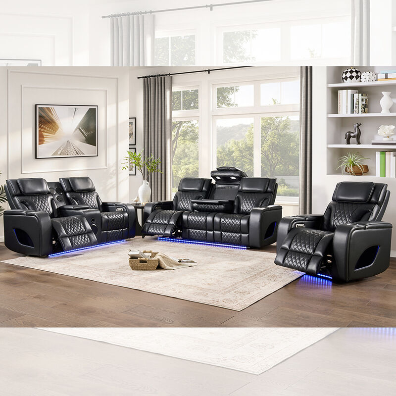 Sofa-Set mit Power-Kopfhäuschen und Dropdown-Tisch und Lautsprecher und Speicher und LED-Licht, Massage-Funktion, schwarzes Leder