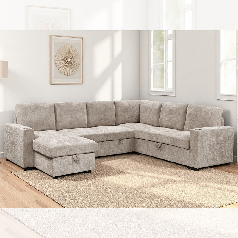 U-förmiges Schlafsofa mit ausziehbarem Bett und Stauraum, Chaiselongue und Stauraum, Sofa und Getränkehaltern, Stoff in Taupe
