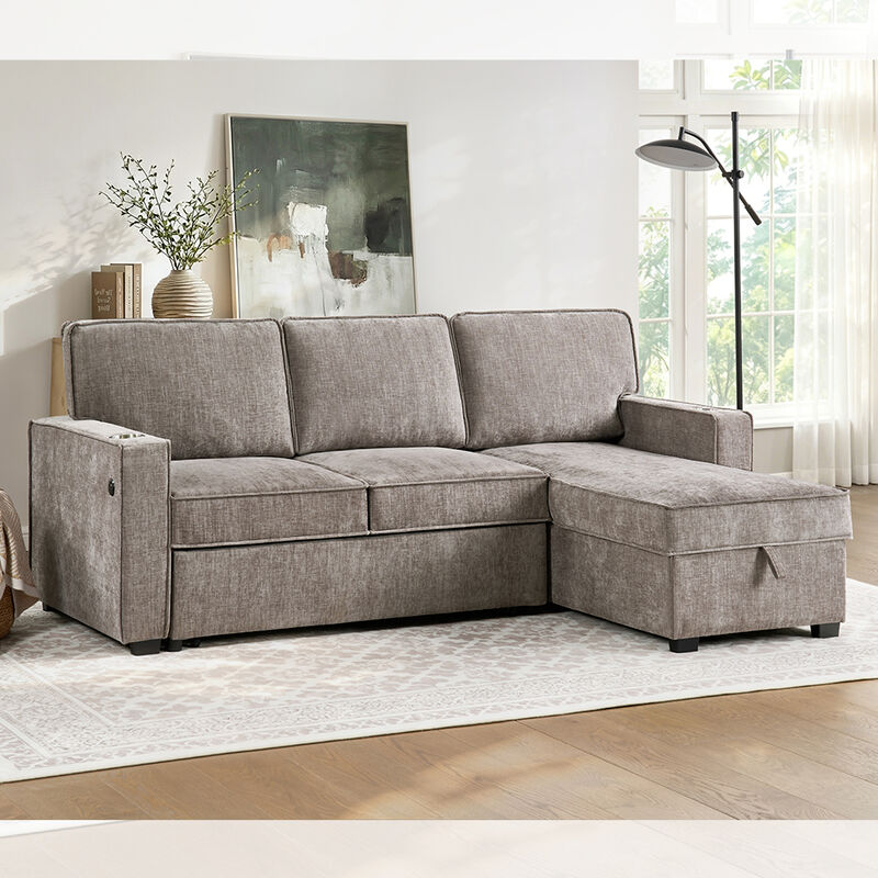 L-förmiges, umkehrbares Schlafsofa mit ausziehbarem Bett und Tisch und Lagerraum, hellbraun-grau Chenille