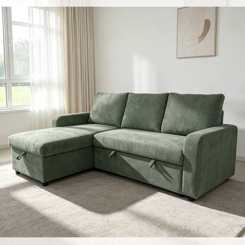 L-Shaped Reversible Sectional Sleeper Sofa with Pull-Out Bed and Storage, Green Fabric
