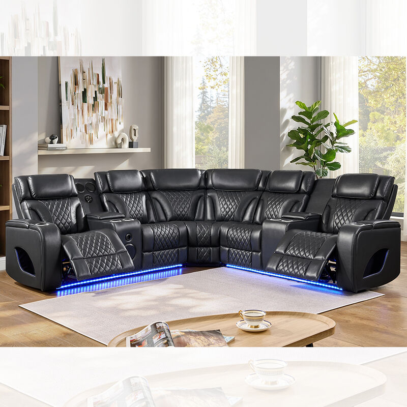 Elektrisches Ecksofa mit 2 elektrischen Relaxsitzen und elektrischen Kopfstützen sowie Lautsprecher und Stauraum und LED-Beleuchtung, Massagefunktion, schwarzes Kunstleder